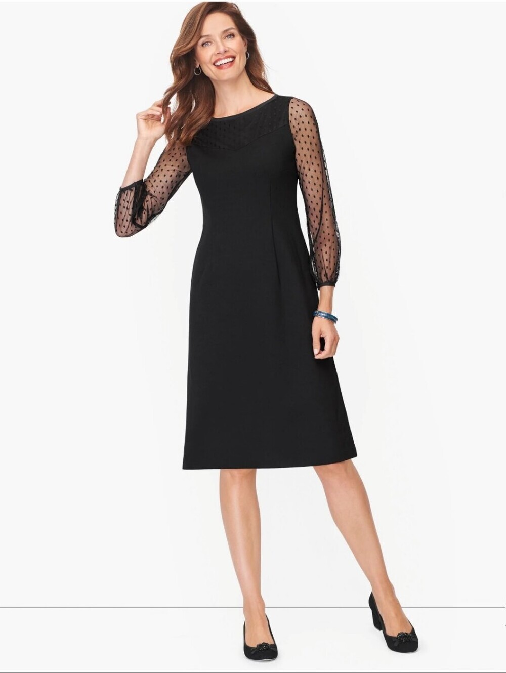 Talbots Black Ponte Mesh Dot stretch Shift Dress size 6